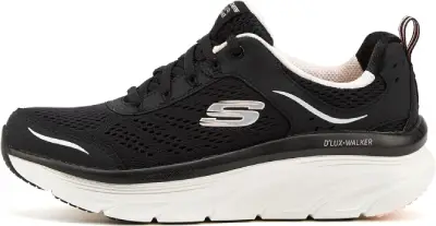 Zapatillas deportivas para mujer Skechers D'lux Walker Infinite Motion en color negro, con diseño ergonómico, suela gruesa de goma para mayor amortiguación y parte superior de malla transpirable para un ajuste cómodo.